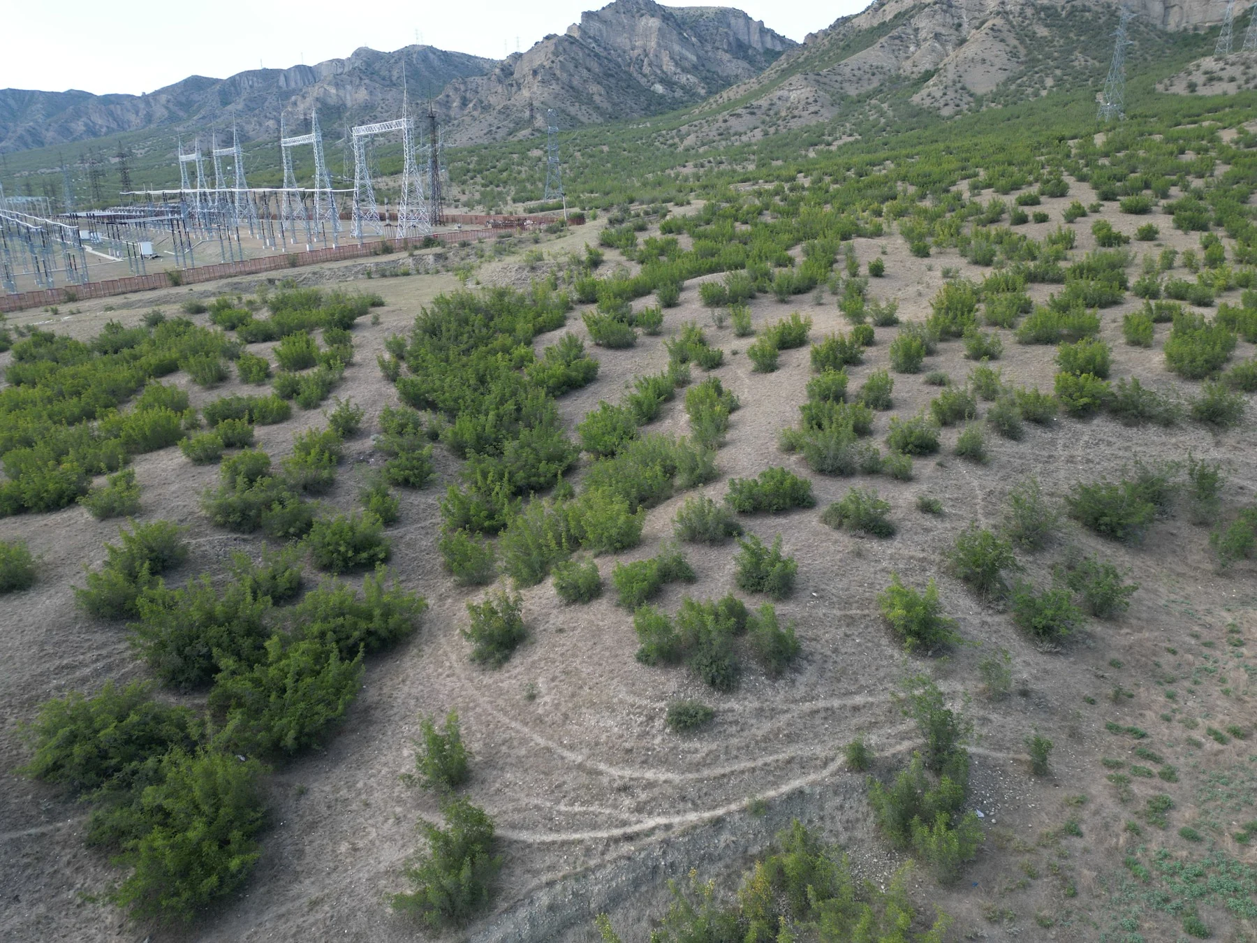 Aerial view of existing grid infrastructure and rocky hills at the BESS study site in Georgia